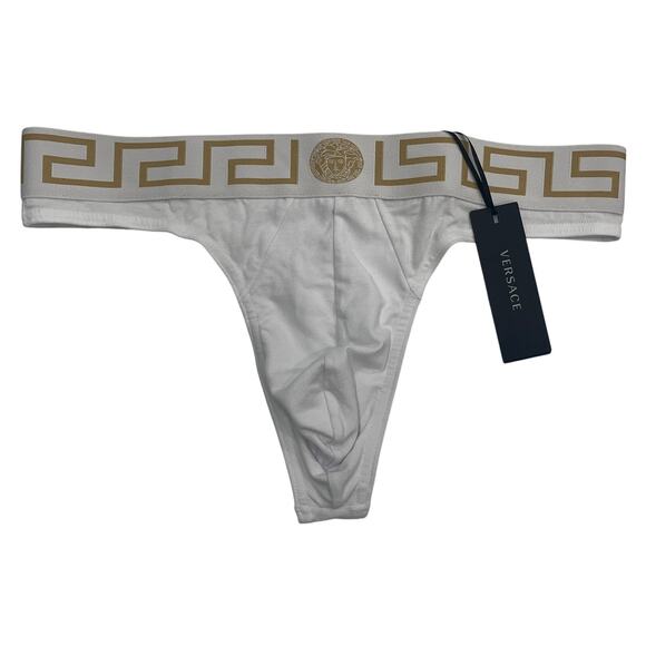 M2-10 VERSACE NWT Men's Greca Thong Underwear Cotton White Size 6/34-36/L - Picture 1 of 9